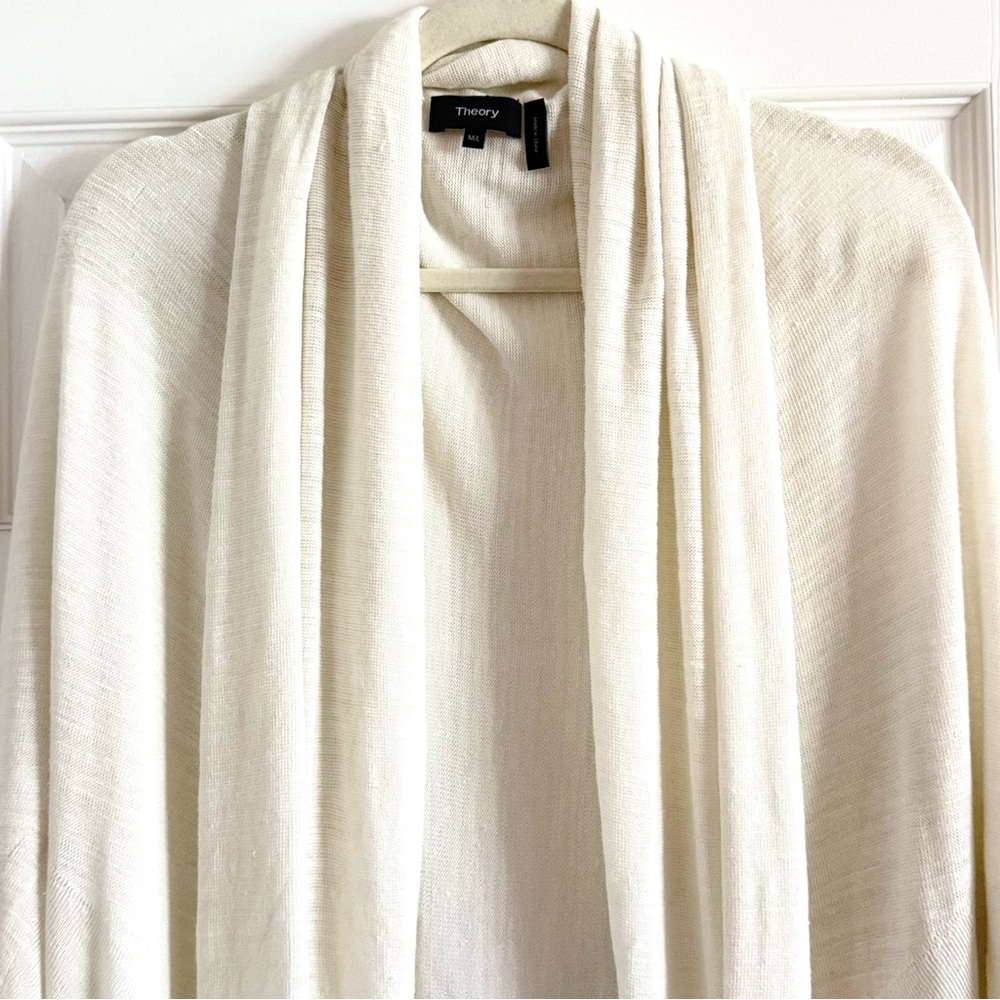 Theory Knit White Linen Blend Cocoon Longline Open Front Cardigan M/L - Picture 4 of 7